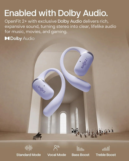 SHOKZ New OpenFit 2+ Open-Ear Headphones,Dolby Audio Enabled,Comfortable Earbuds with Soft Ear Hooks,48H Playtime,IP55 Water-Resistant,USB-C Fast Charging,Wireless Charging (Renewed)