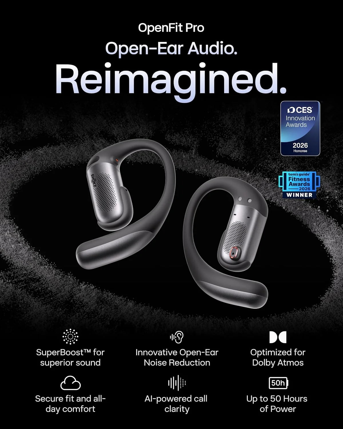 SHOKZ OpenFit Pro Open-Ear Earbuds with Noise Reduction, Dolby Atmos, Black
