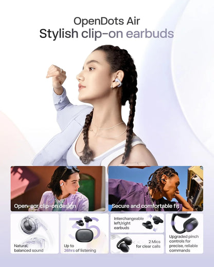 SHOKZ OpenDots Air Open-Ear Clip-On Bluetooth Earbuds, Black, Touch Control