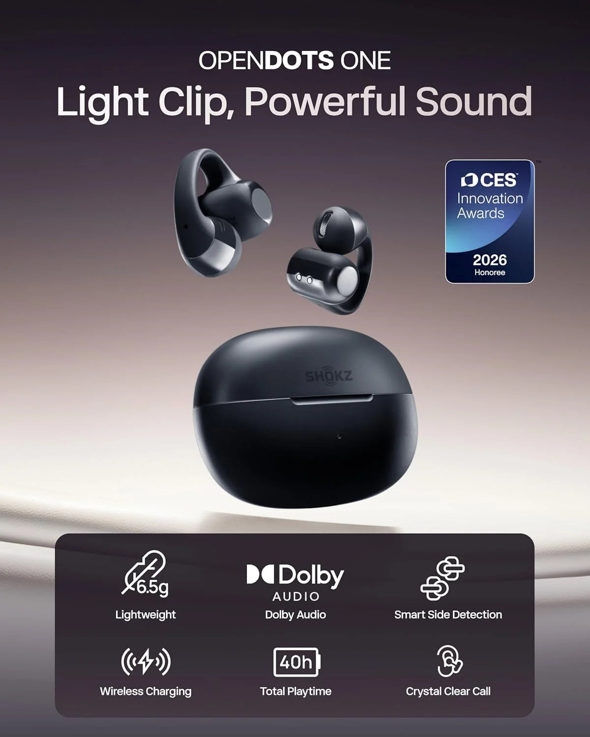 SHOKZ OpenDots ONE Open-Ear Clip-On Bluetooth Earbuds, Black, Dolby Audio