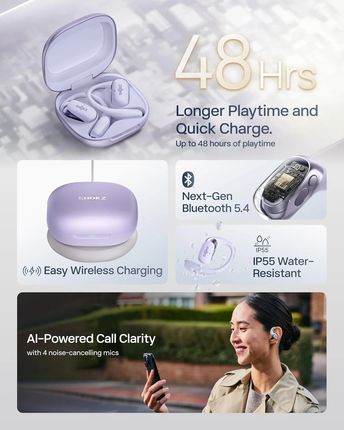 SHOKZ New OpenFit 2+ Open-Ear Headphones,Dolby Audio Enabled,Comfortable Earbuds with Soft Ear Hooks,48H Playtime,IP55 Water-Resistant,USB-C Fast Charging,Wireless Charging (Renewed)