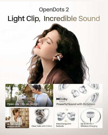 SHOKZ OpenDots 2 Open-Ear Clip-On Earbuds, White, Dolby Audio, 3 Mics