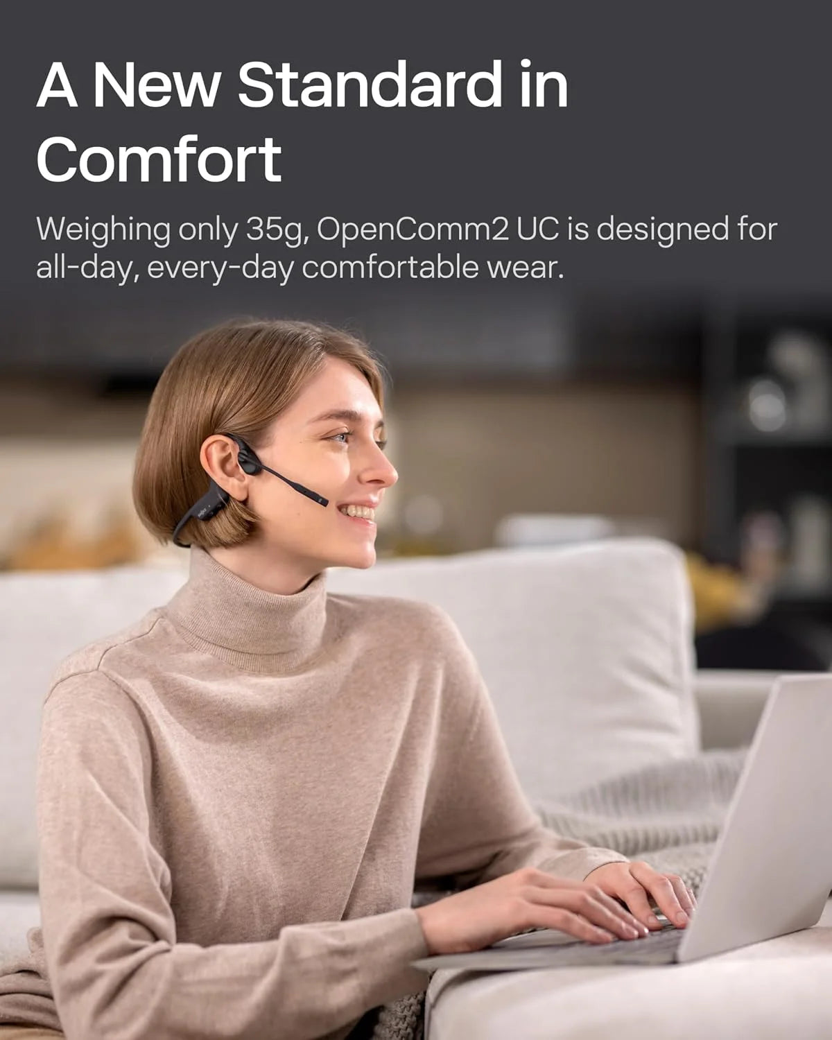 SHOKZ OpenComm2 UC 2025 Upgrade - Open-Ear Wireless Computer Headset with Boom Mic, Bone Conduction Bluetooth Stereo Headphones (Renewed)