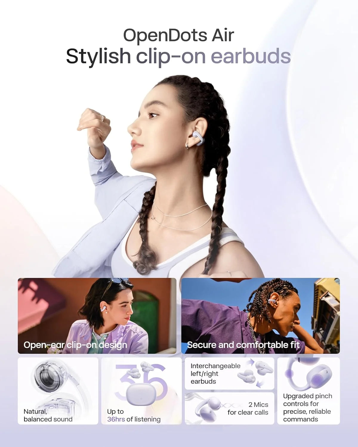 SHOKZ OpenDots Air Open-Ear Clip-On Bluetooth Earbuds, Black, Touch Control