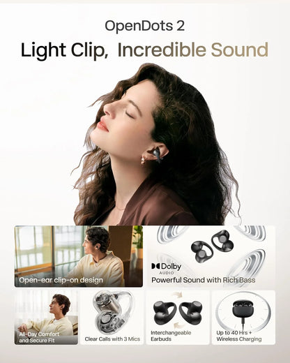 SHOKZ OpenDots 2 Open-Ear Clip-On Earbuds, White, Dolby Audio, 3 Mics