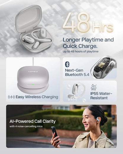 SHOKZ OpenFit 2 Open-Ear Earhook Bluetooth Earbuds, White,48H Playtime